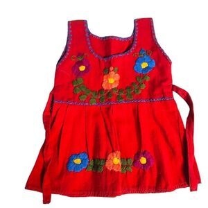 Vintage handmade red embroidery baby summer dress top 0-3 mths